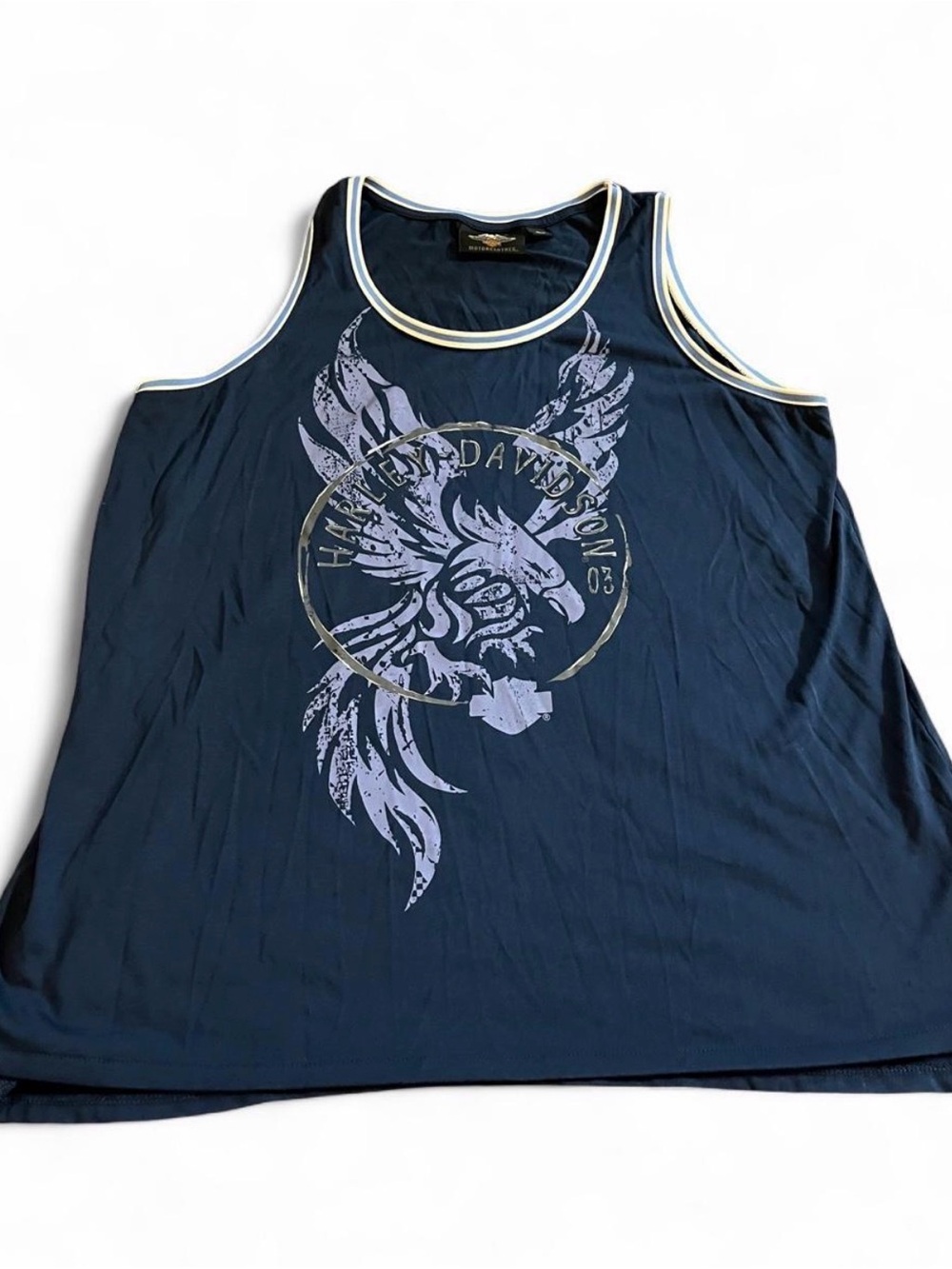 Women’s Harley Davidson White Eagle Blue Biker Tank Top Graphic Size XL